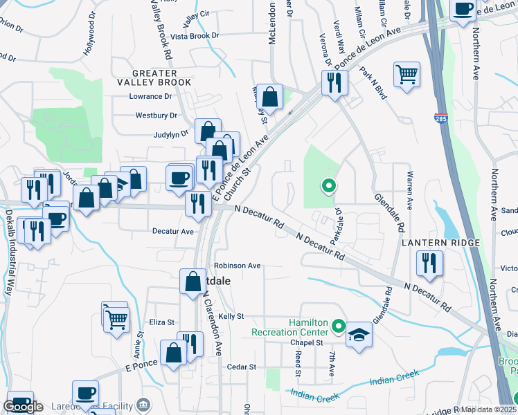 map of restaurants, bars, coffee shops, grocery stores, and more near 3218 North Decatur Road in Scottdale