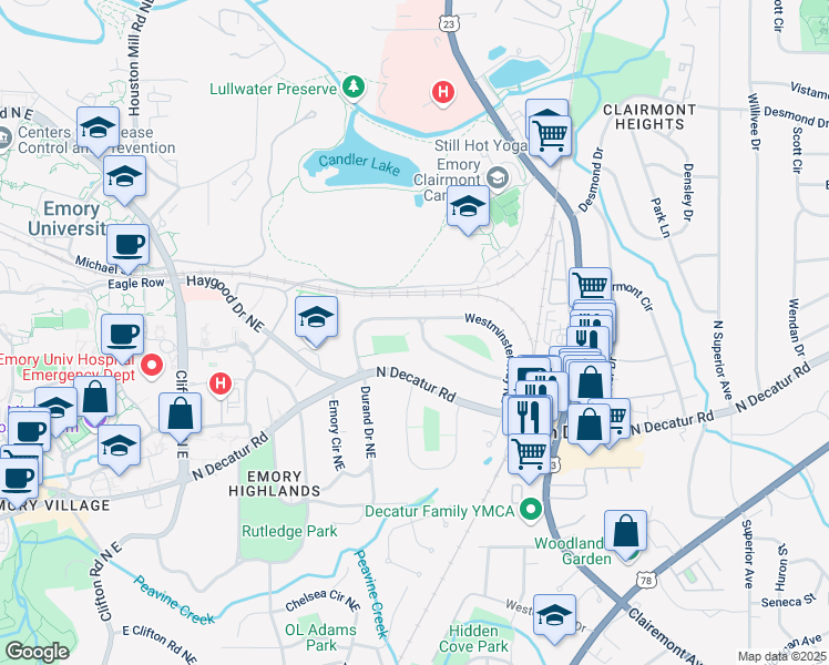 map of restaurants, bars, coffee shops, grocery stores, and more near 1881 Edinburgh Terrace Northeast in Atlanta