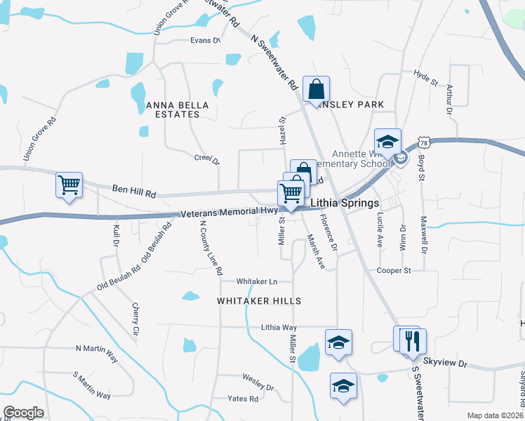 map of restaurants, bars, coffee shops, grocery stores, and more near Highway 78 in Lithia Springs