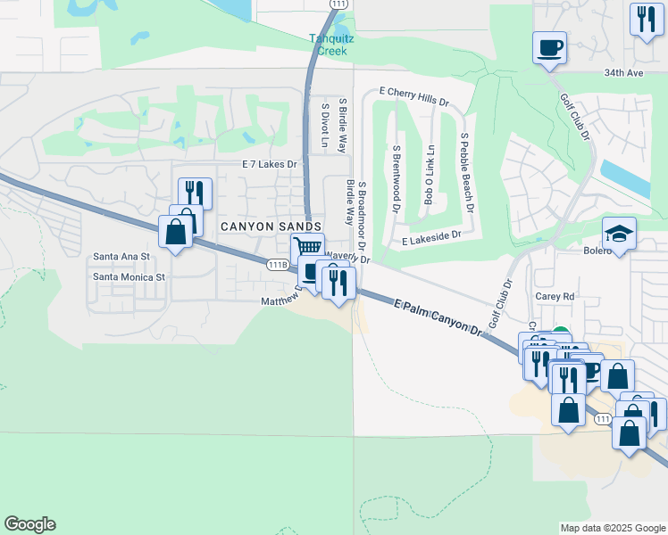 map of restaurants, bars, coffee shops, grocery stores, and more near 2601 South Broadmoor Drive in Palm Springs