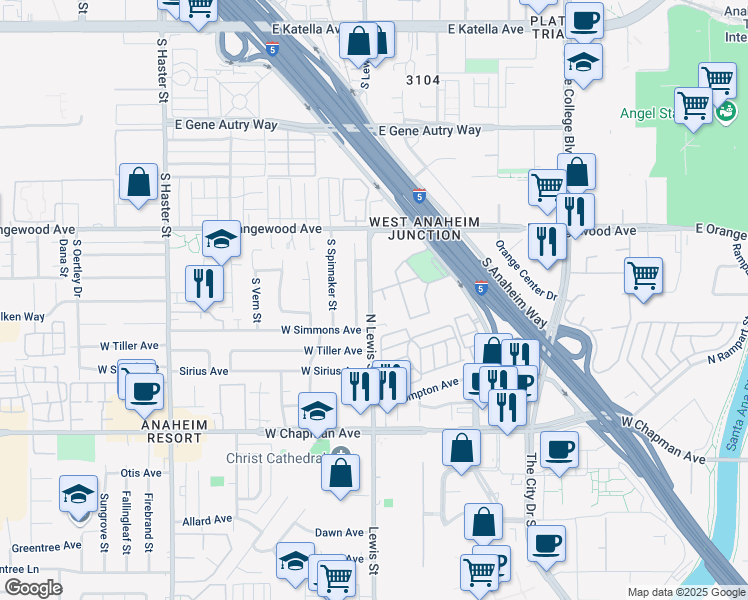 map of restaurants, bars, coffee shops, grocery stores, and more near 1356 Lewis Street in Anaheim