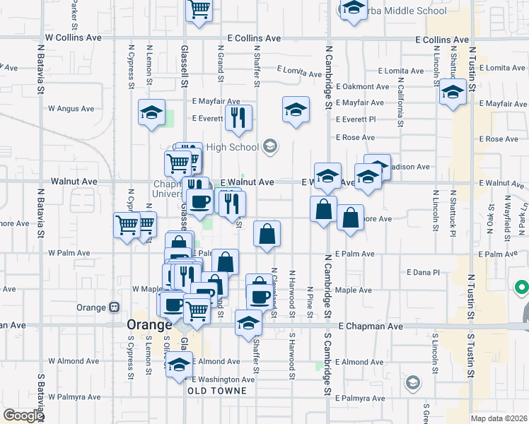 map of restaurants, bars, coffee shops, grocery stores, and more near 406 North Shaffer Street in Orange