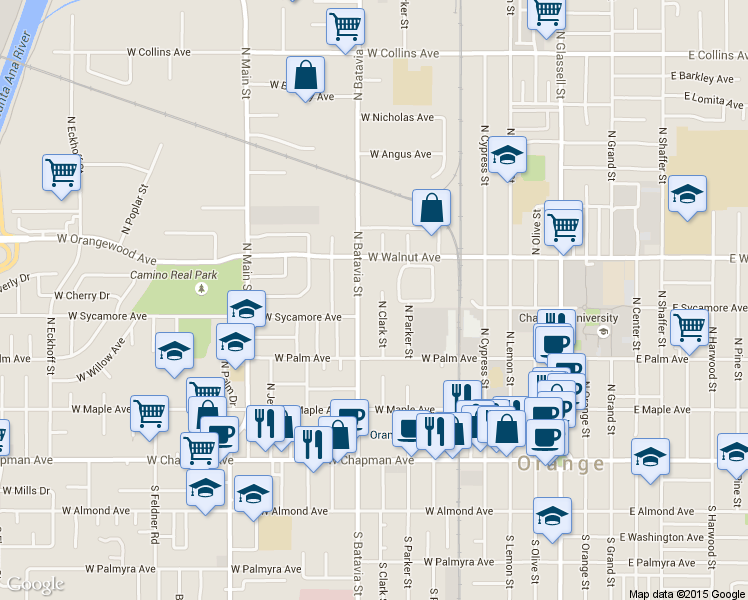 map of restaurants, bars, coffee shops, grocery stores, and more near 410 North Clark Street in Orange