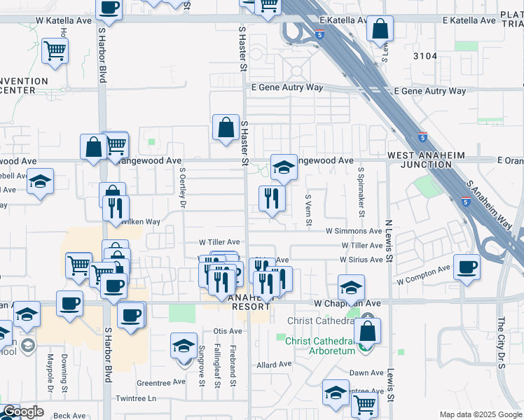 map of restaurants, bars, coffee shops, grocery stores, and more near 104 East Wilken Way in Anaheim