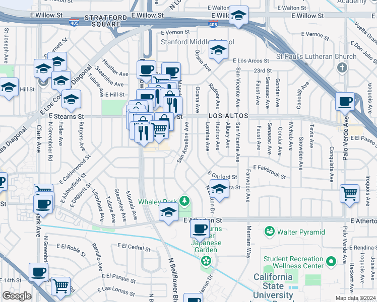 map of restaurants, bars, coffee shops, grocery stores, and more near 2109 San Anseline Avenue in Long Beach