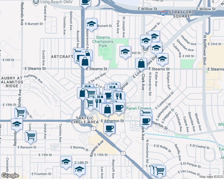 map of restaurants, bars, coffee shops, grocery stores, and more near 4622 East Lavante Street in Long Beach