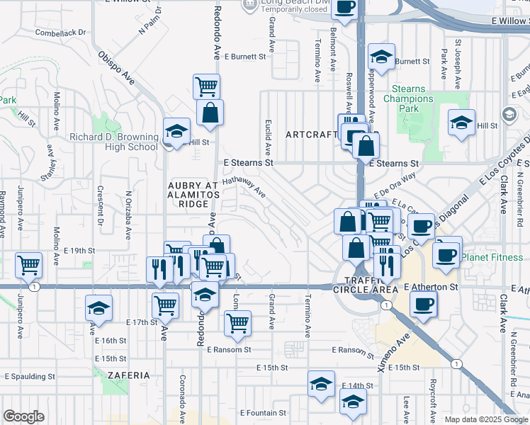 map of restaurants, bars, coffee shops, grocery stores, and more near 3802 Hathaway Avenue in Long Beach