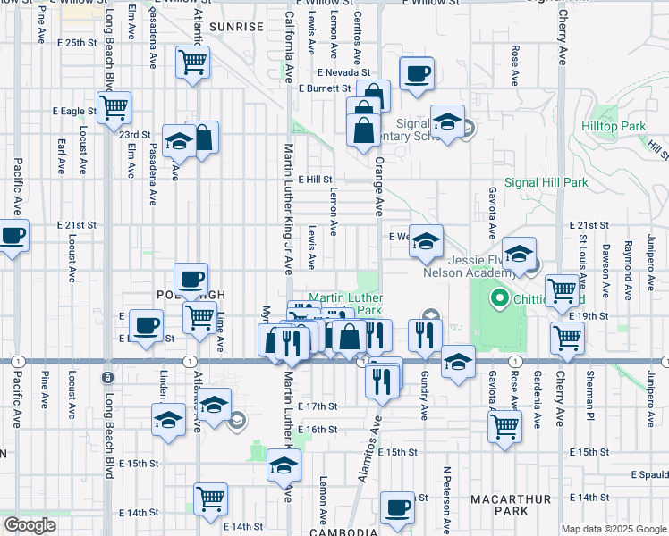 map of restaurants, bars, coffee shops, grocery stores, and more near 1073 East 20th Street in Long Beach