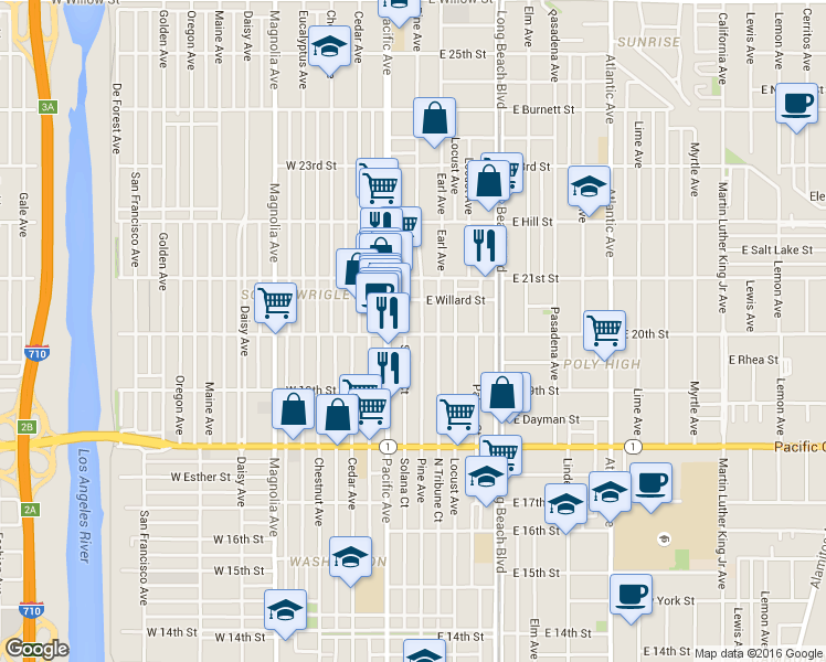 map of restaurants, bars, coffee shops, grocery stores, and more near 1977 Pine Avenue in Long Beach