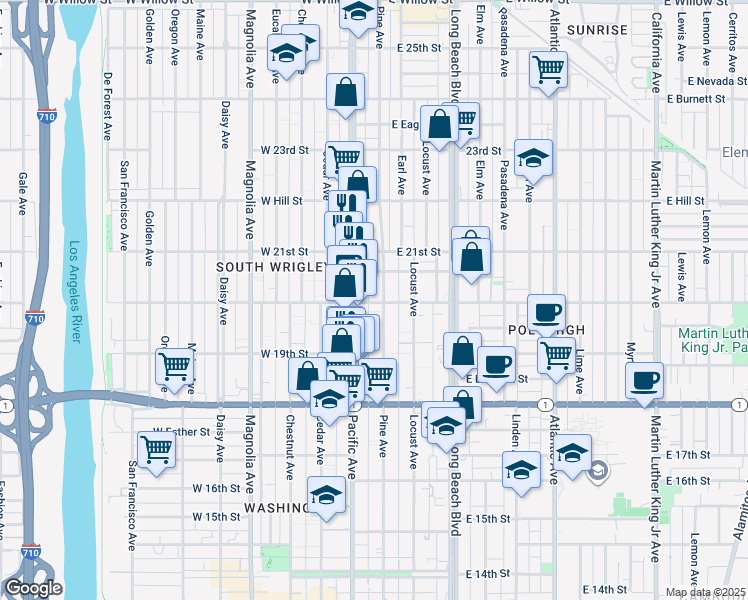 map of restaurants, bars, coffee shops, grocery stores, and more near 1977 Pine Avenue in Long Beach