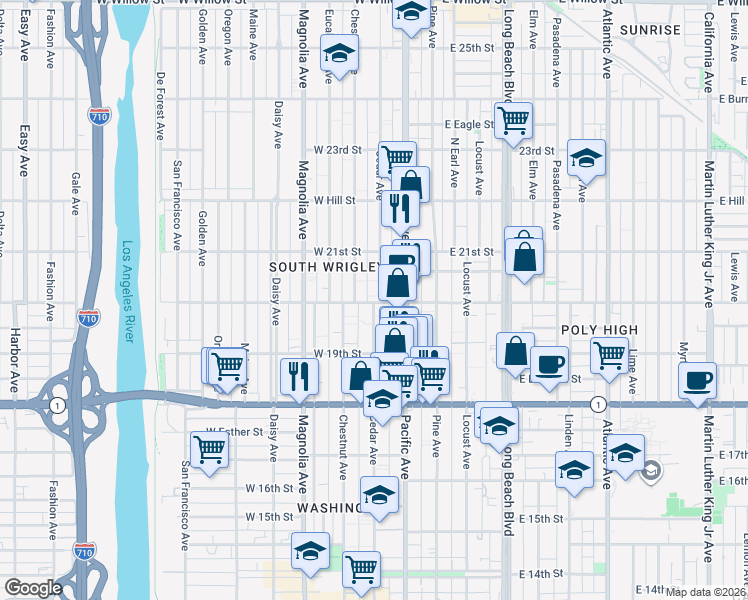 map of restaurants, bars, coffee shops, grocery stores, and more near 311 West 20th Street in Long Beach