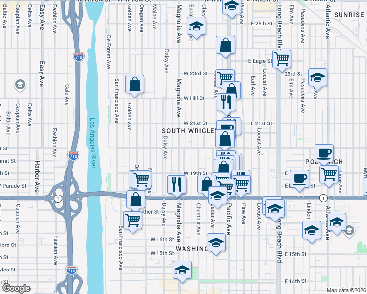 map of restaurants, bars, coffee shops, grocery stores, and more near 400 West 20th Street in Long Beach