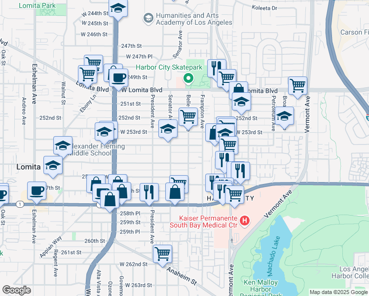 map of restaurants, bars, coffee shops, grocery stores, and more near 1422 254th Street in Los Angeles