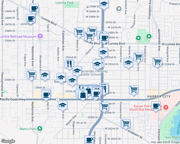 map of restaurants, bars, coffee shops, grocery stores, and more near 1807 254th Street in Lomita