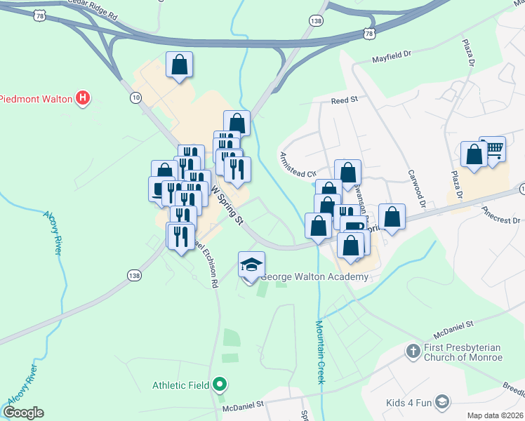 map of restaurants, bars, coffee shops, grocery stores, and more near 133 White Oak Lane in Monroe