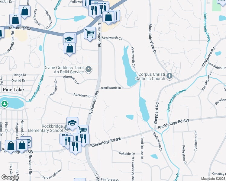 map of restaurants, bars, coffee shops, grocery stores, and more near 4825 Kenilworth Drive in Stone Mountain