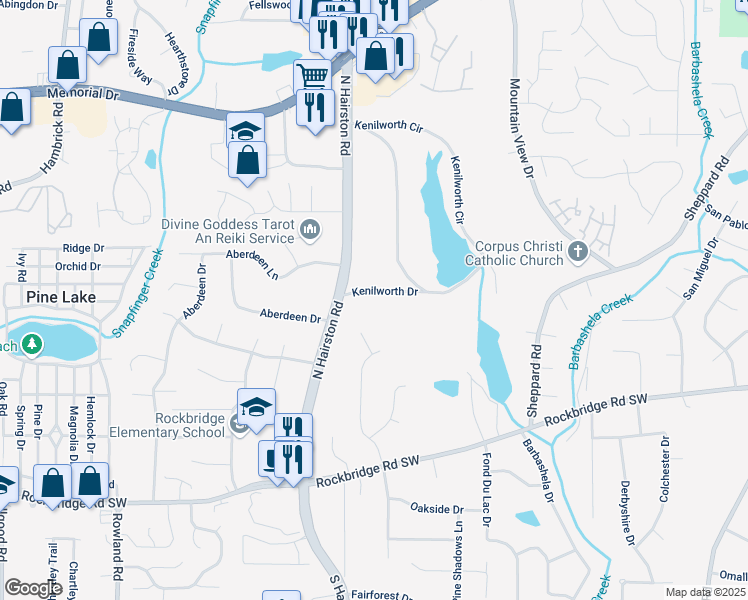 map of restaurants, bars, coffee shops, grocery stores, and more near 4807 Kenilworth Drive in Stone Mountain