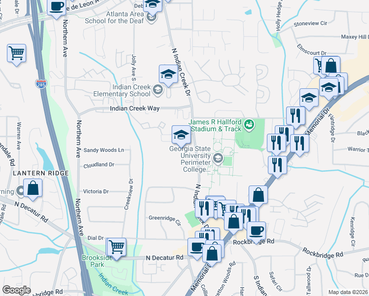 map of restaurants, bars, coffee shops, grocery stores, and more near 572-594 North Indian Creek Drive in Clarkston