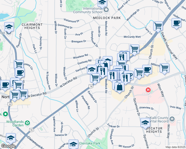 map of restaurants, bars, coffee shops, grocery stores, and more near 2459 North Decatur Road in Decatur