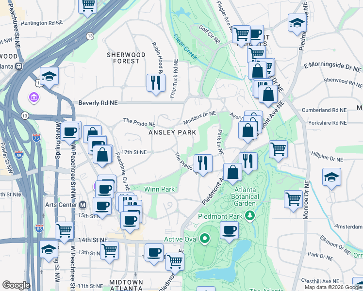 map of restaurants, bars, coffee shops, grocery stores, and more near 141 The Prado Northeast in Atlanta