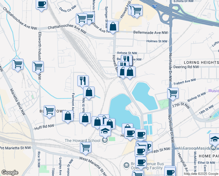map of restaurants, bars, coffee shops, grocery stores, and more near 990 Old Chattahoochee Avenue Northwest in Atlanta