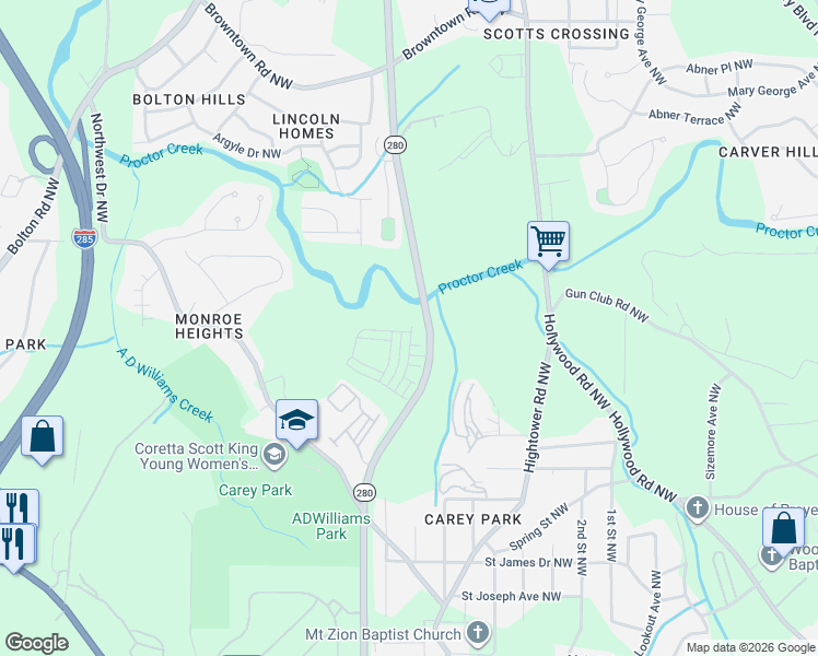 map of restaurants, bars, coffee shops, grocery stores, and more near 1692 James Jackson Pkwy NW in Atlanta