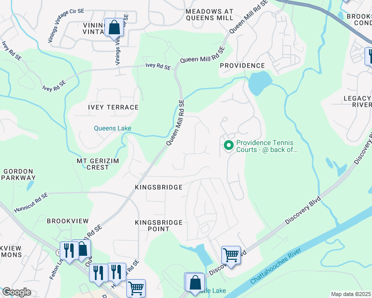 map of restaurants, bars, coffee shops, grocery stores, and more near 6405 Knighted Court in Mableton