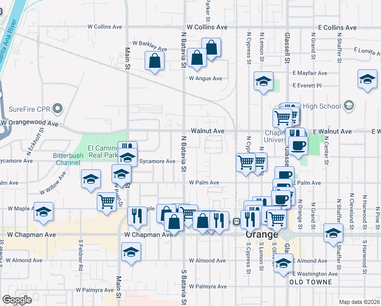 map of restaurants, bars, coffee shops, grocery stores, and more near 410 North Clark Street in Orange