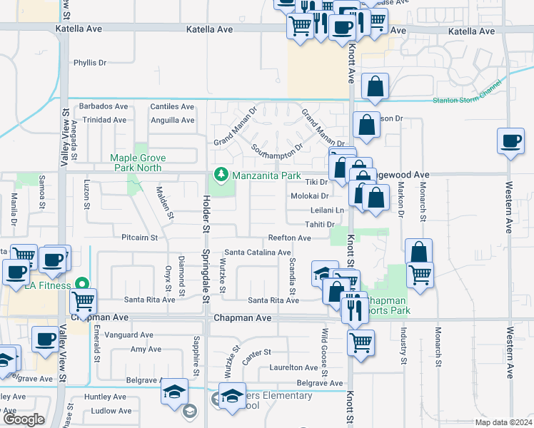 map of restaurants, bars, coffee shops, grocery stores, and more near 6692 Timaru Circle in Cypress