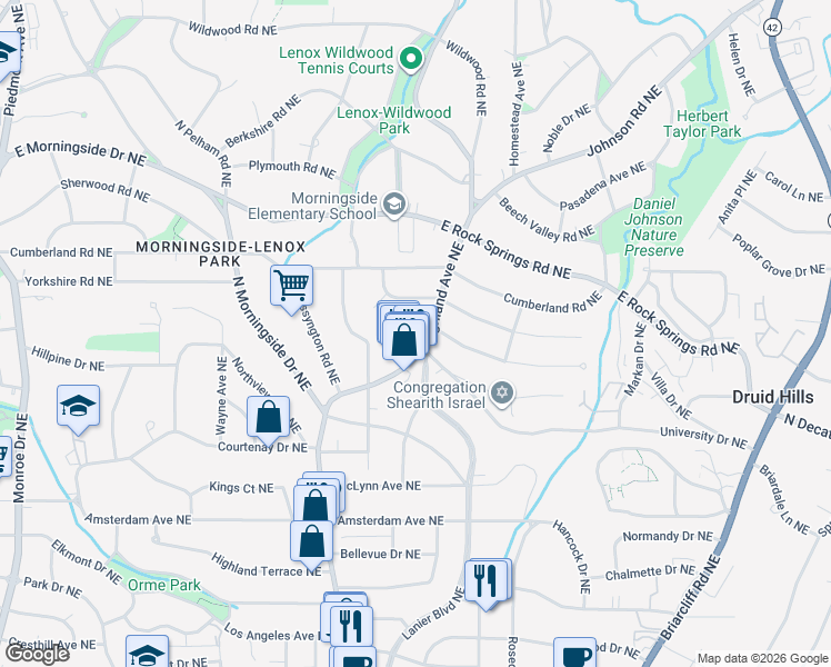 map of restaurants, bars, coffee shops, grocery stores, and more near 1073 High Point Drive Northeast in Atlanta