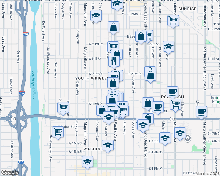 map of restaurants, bars, coffee shops, grocery stores, and more near 225 West 20th Street in Long Beach