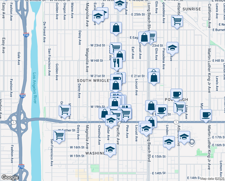 map of restaurants, bars, coffee shops, grocery stores, and more near 221 West 20th Street in Long Beach
