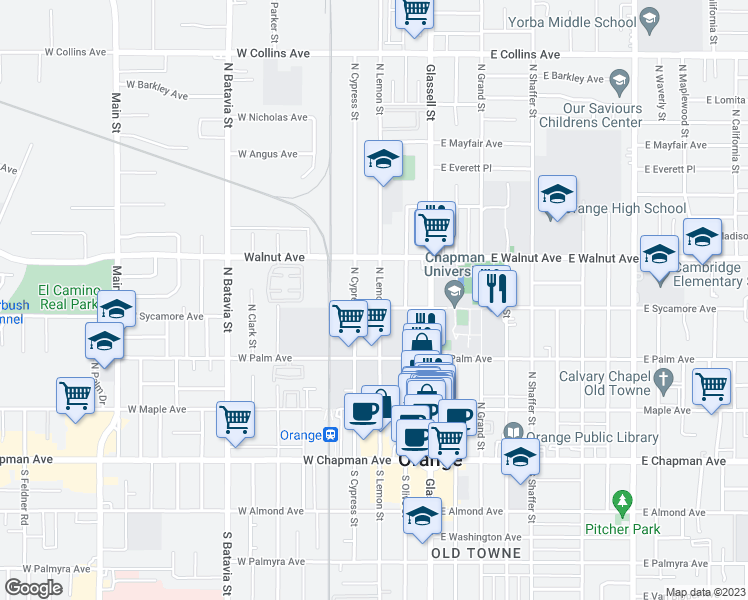 map of restaurants, bars, coffee shops, grocery stores, and more near 412 North Lemon Street in Orange