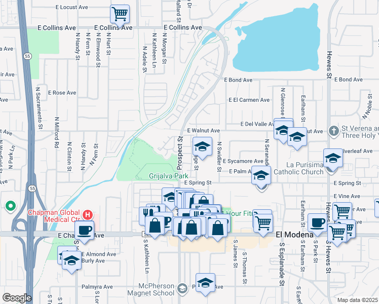 map of restaurants, bars, coffee shops, grocery stores, and more near 3331 East Carnegie Lane in Orange