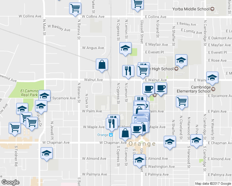 map of restaurants, bars, coffee shops, grocery stores, and more near 412 North Cypress Street in Orange