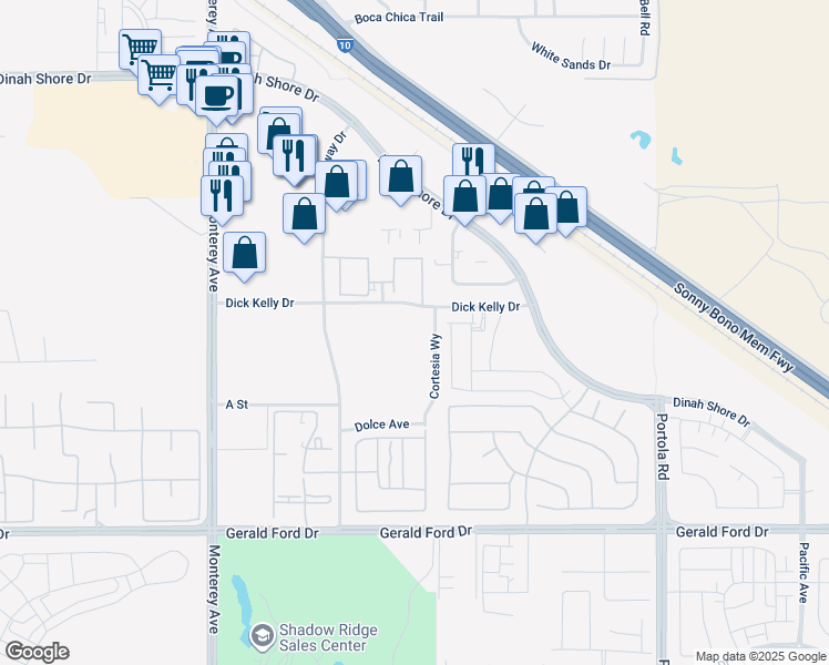 map of restaurants, bars, coffee shops, grocery stores, and more near 73501 Dick Kelly Drive in Palm Desert