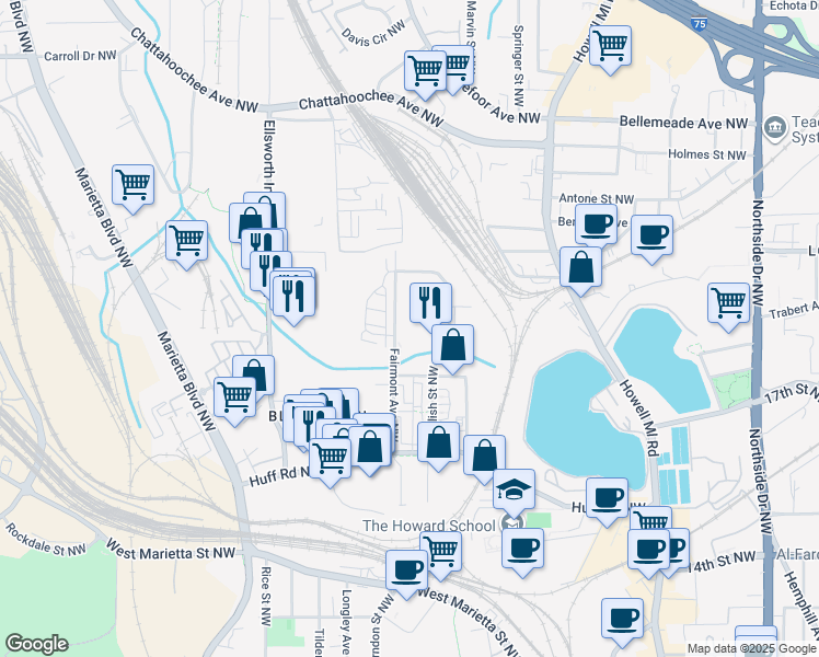 map of restaurants, bars, coffee shops, grocery stores, and more near 1429 Fairmont Street Northwest in Atlanta
