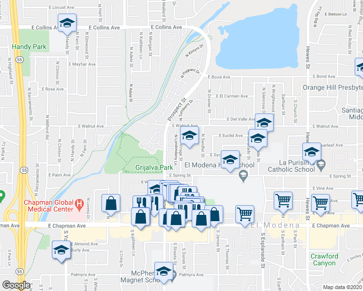 map of restaurants, bars, coffee shops, grocery stores, and more near 391 North Virage Street in Orange