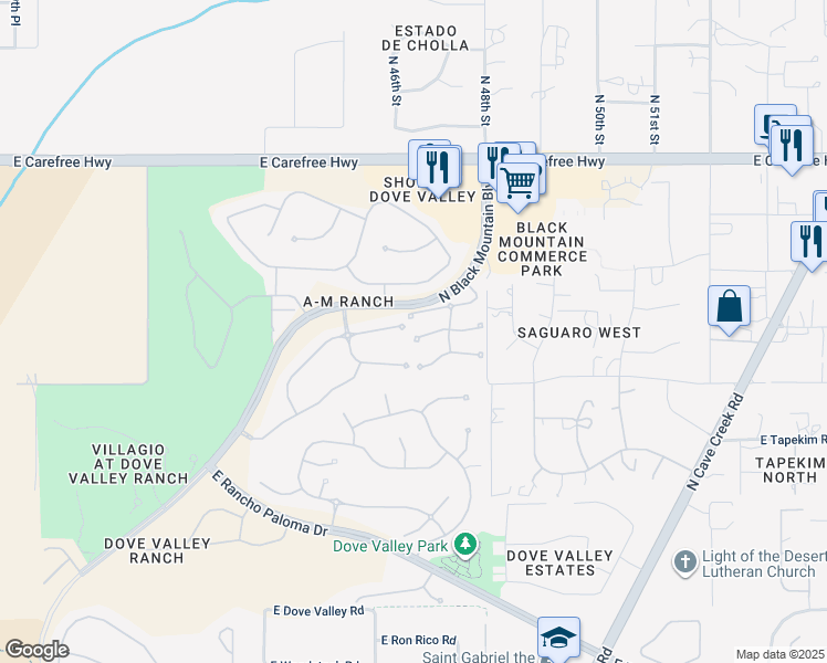 map of restaurants, bars, coffee shops, grocery stores, and more near 4706 E Woburn Ln in Cave Creek