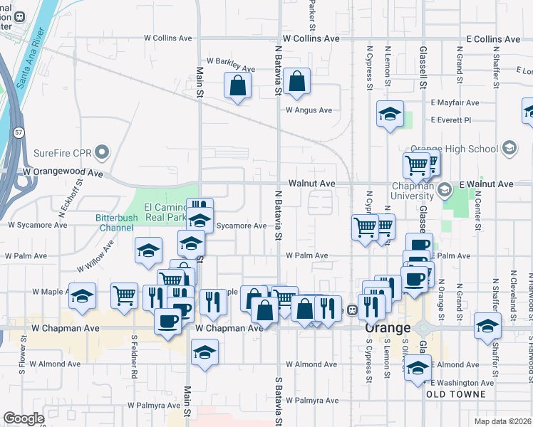 map of restaurants, bars, coffee shops, grocery stores, and more near 419 North Citrus Street in Orange
