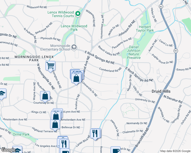 map of restaurants, bars, coffee shops, grocery stores, and more near 1144 Zimmer Drive Northeast in Atlanta
