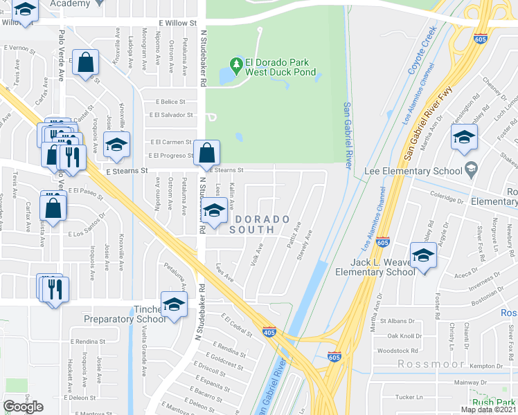 map of restaurants, bars, coffee shops, grocery stores, and more near East Aivlis Street in Long Beach