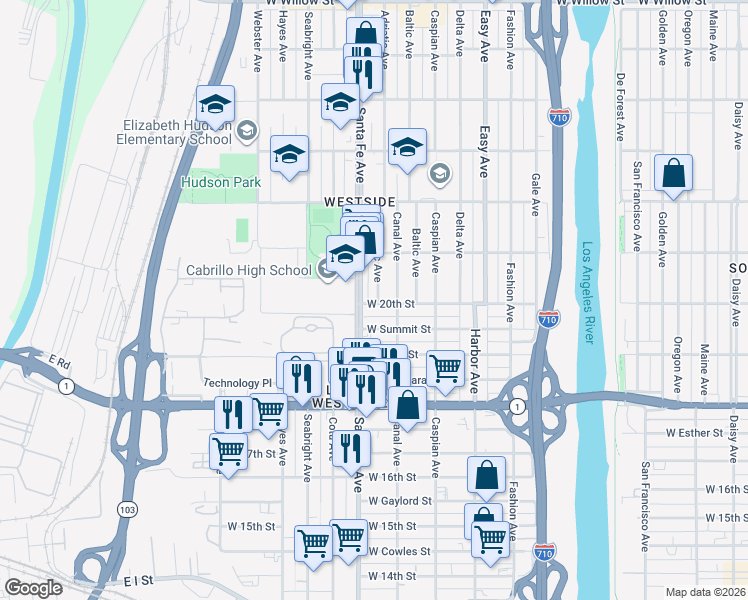 map of restaurants, bars, coffee shops, grocery stores, and more near 1129 Adriatic Avenue in Long Beach