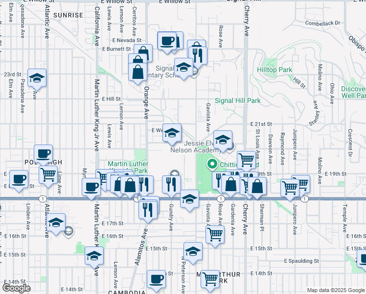 map of restaurants, bars, coffee shops, grocery stores, and more near 1530 East 20th Street in Long Beach