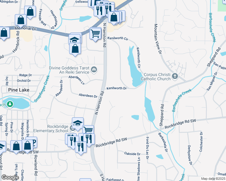map of restaurants, bars, coffee shops, grocery stores, and more near 4807 Kenilworth Drive in Stone Mountain