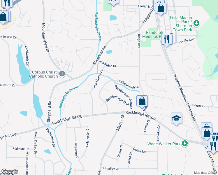 map of restaurants, bars, coffee shops, grocery stores, and more near 5218 West Rockborough Court in Stone Mountain