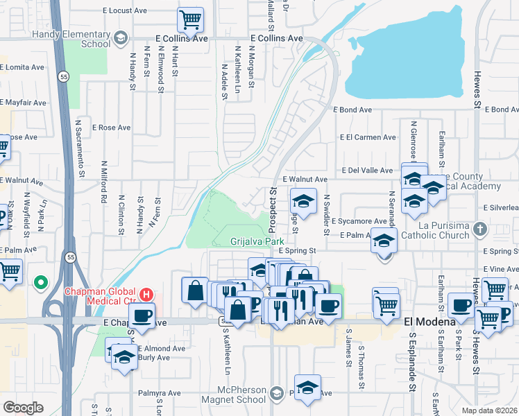map of restaurants, bars, coffee shops, grocery stores, and more near 425 North Bloomberry in Orange