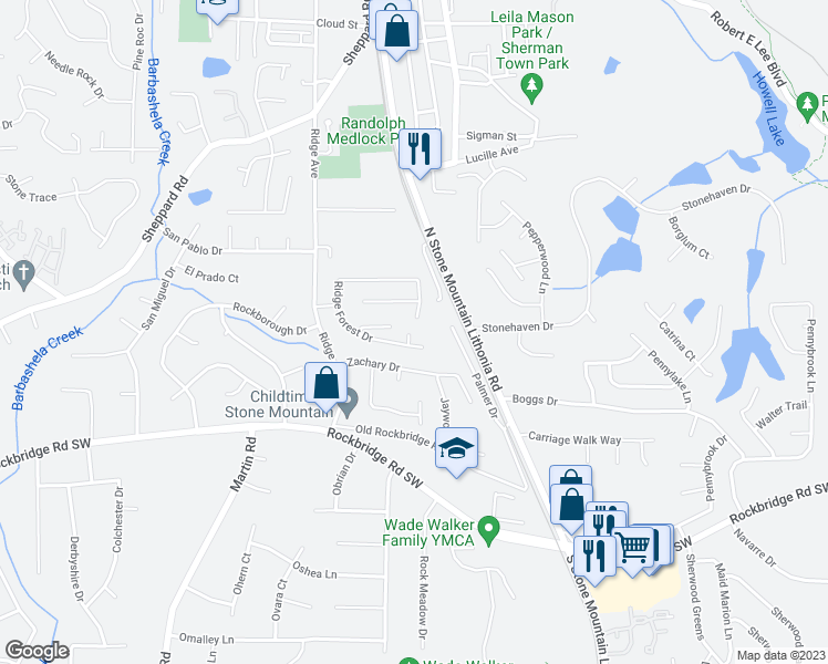 map of restaurants, bars, coffee shops, grocery stores, and more near 599 Maple Drive in Stone Mountain