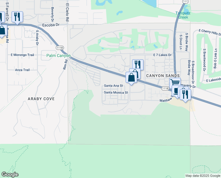 map of restaurants, bars, coffee shops, grocery stores, and more near Santa Maria Street in Palm Springs