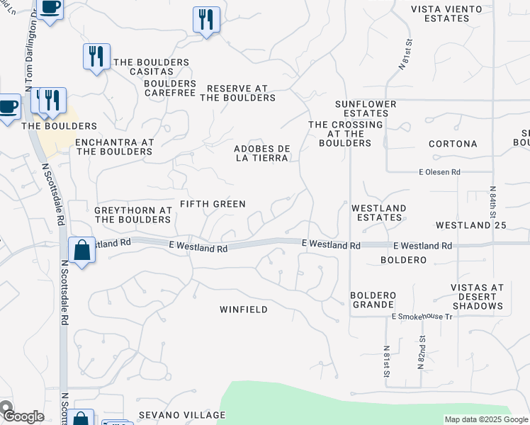 map of restaurants, bars, coffee shops, grocery stores, and more near 7500 East Boulders Parkway in Scottsdale